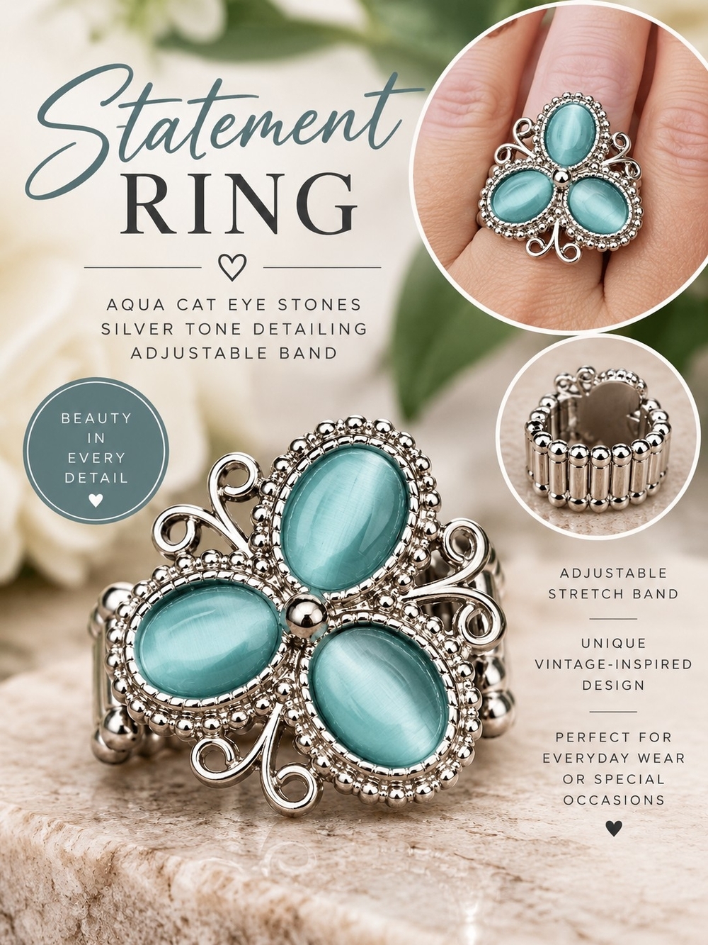 Silver Tone Aqua Cat Eye Statement Ring Adjustable Band